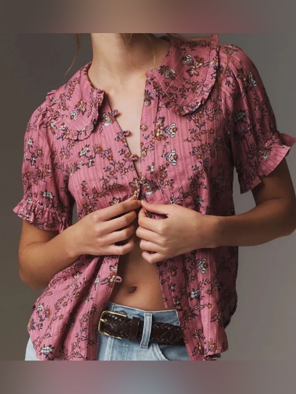 Anthropologie Pilcro Keira Button Down Blouse Short Sleeve Rose Floral